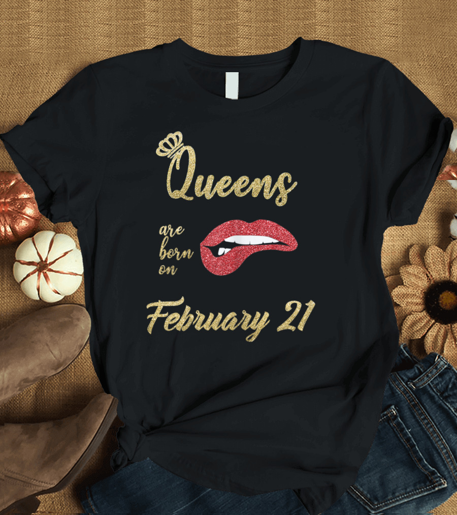 Queens Are Born on February 21 with Glittery Red Lips and Crown Motif T-Shirt