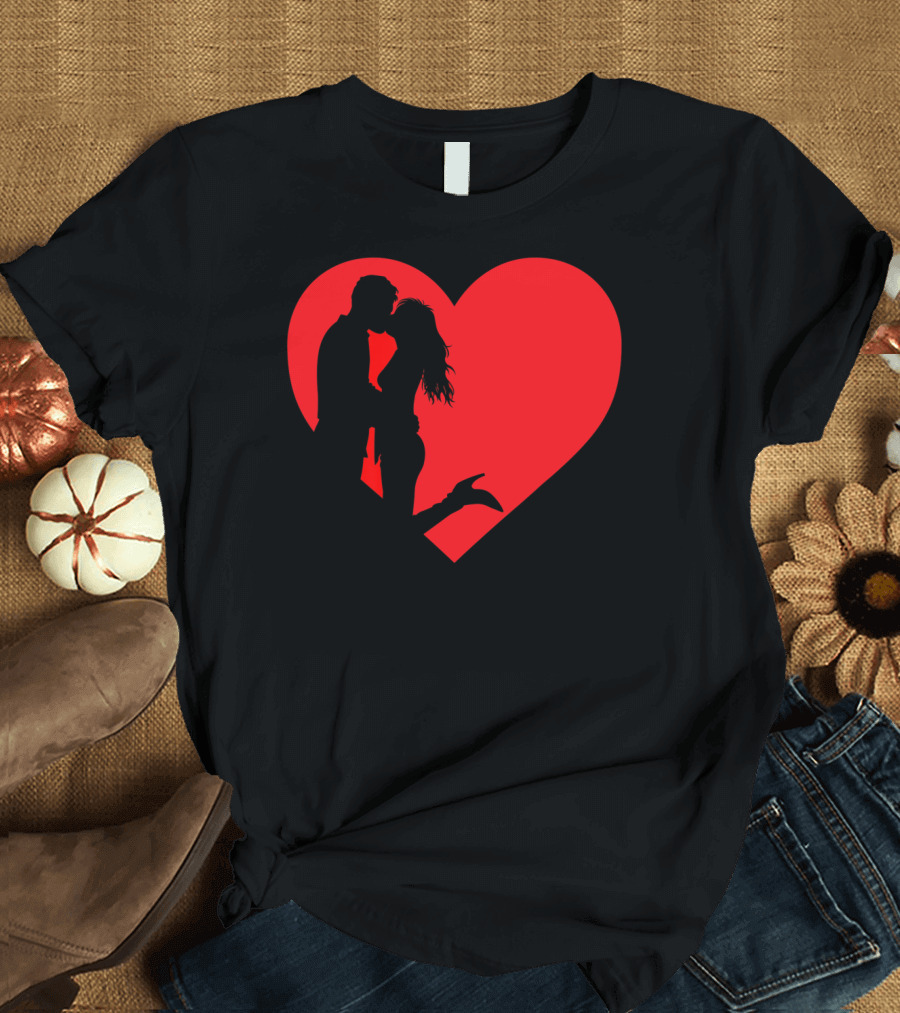 Silhouette Romantic Kiss in Front of Red Heart T-Shirt
