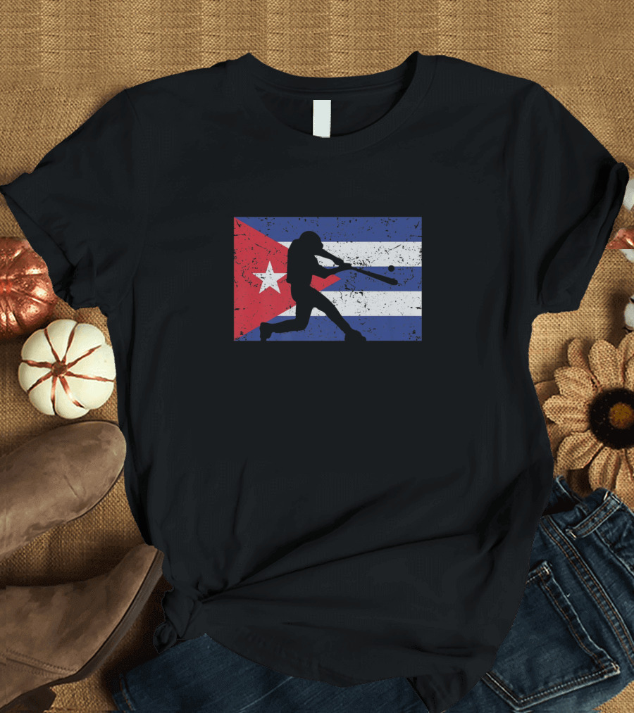 Baseball Player Silhouette Over Cuban Distressed Vintage Flag T-Shirt