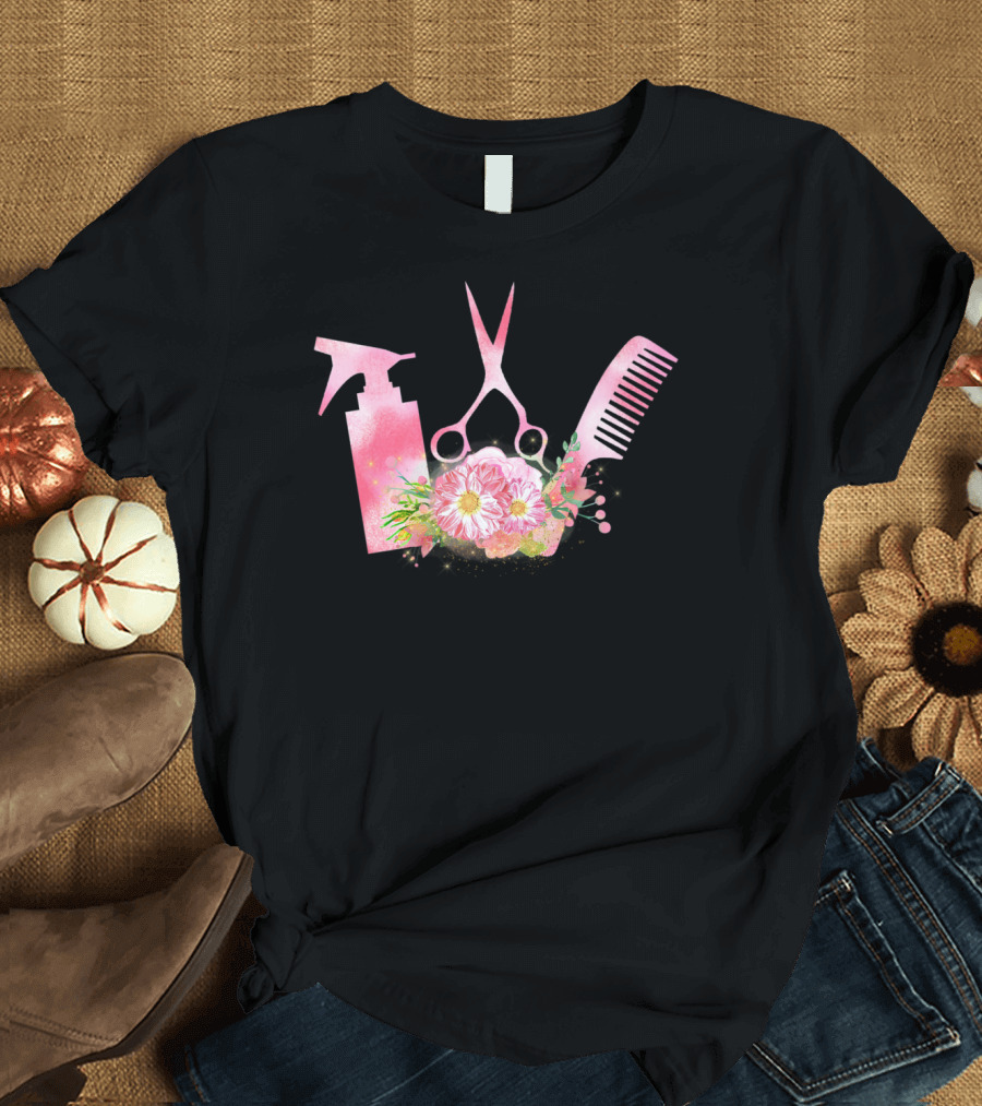 Cute Spray Bottle Scissors Comb Floral Hairstylist T-Shirt