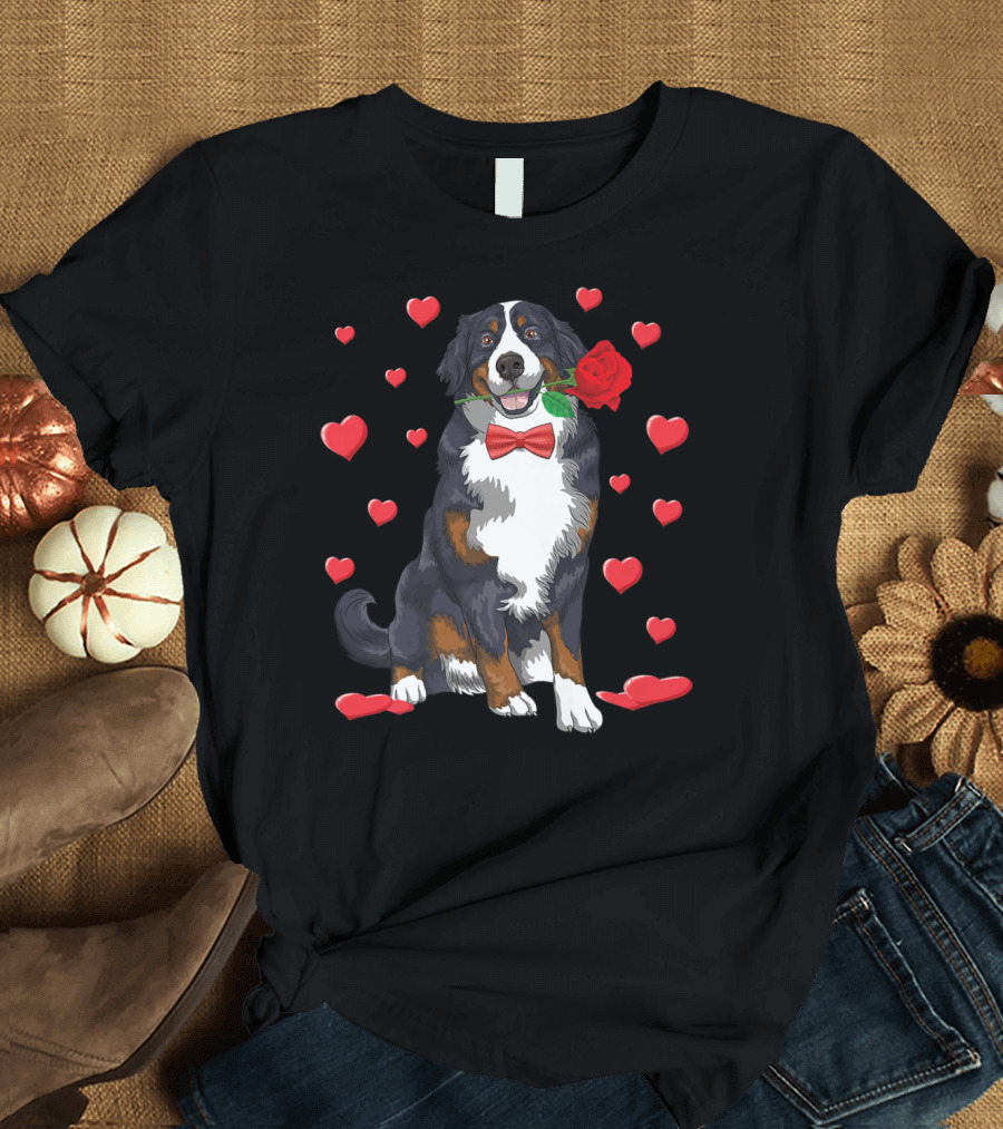 Bernese Mountain Dog with Hearts and Rose Valentine's Day T-Shirt