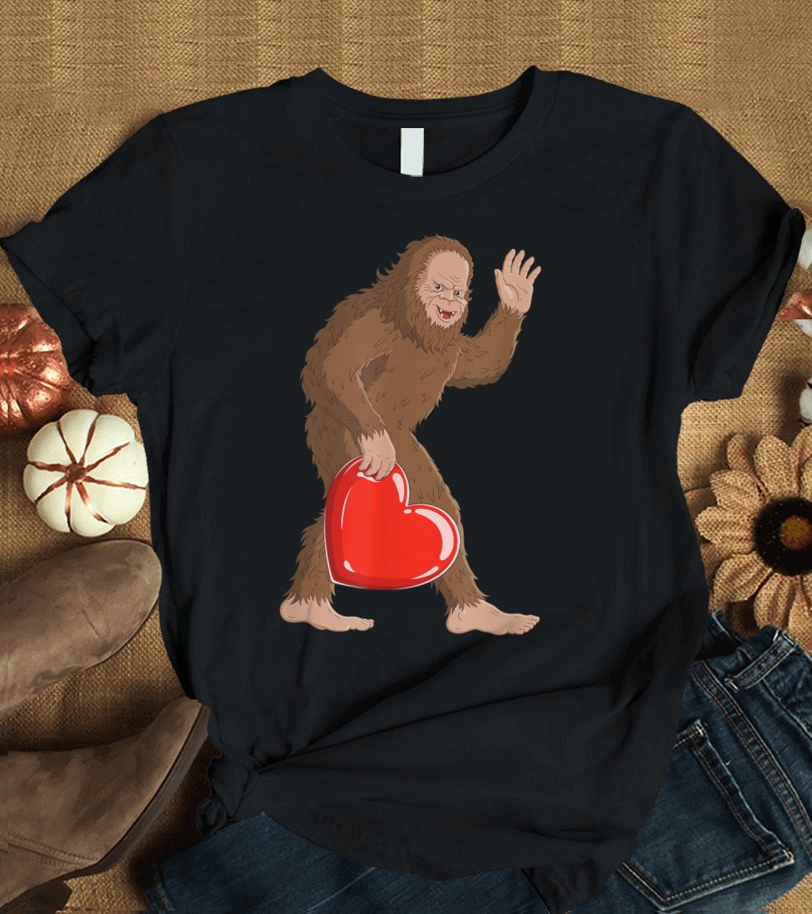 Bigfoot I Steal Hearts Valentines Day Giant Red Heart Waving Happy T-Shirt