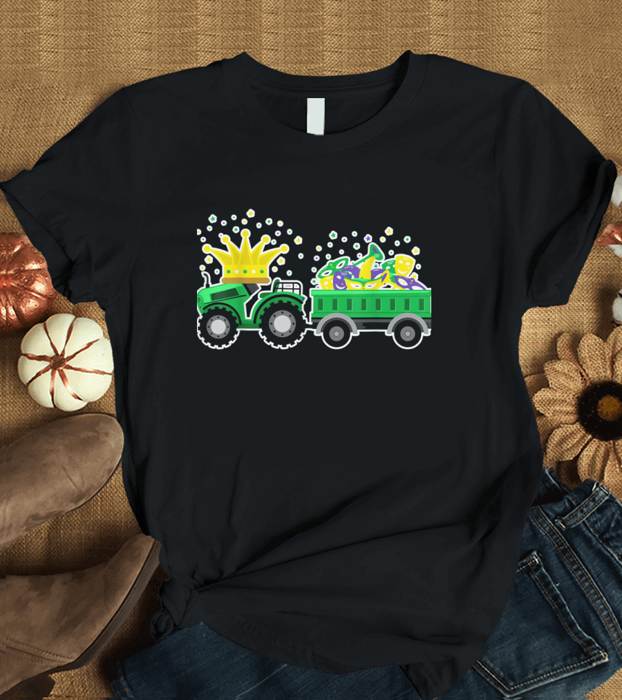 Mardi Gras Tractor with Crown and Festive Masks T-Shirt