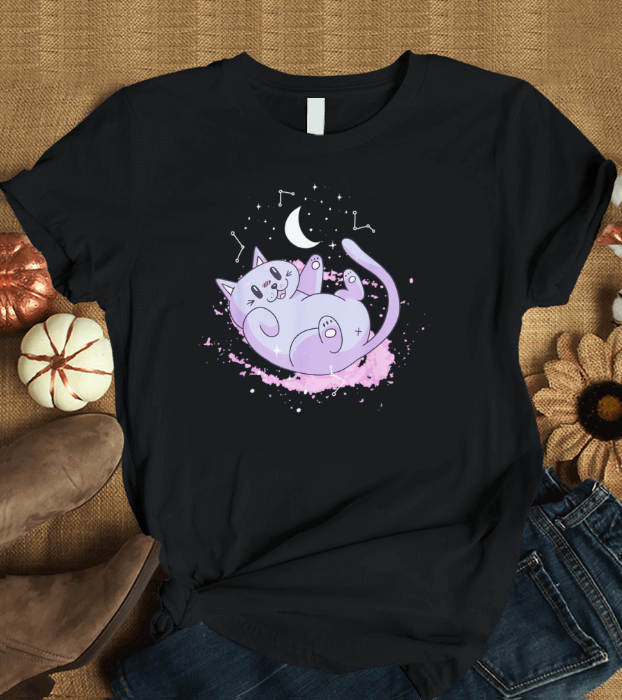 Cute Cat Crescent Moon Starry Constellations in Space T-Shirt