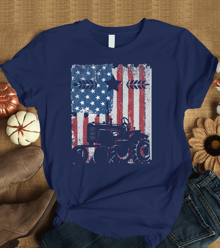 American Farmer Patriotism with USA Flag and Tractor T-Shirt