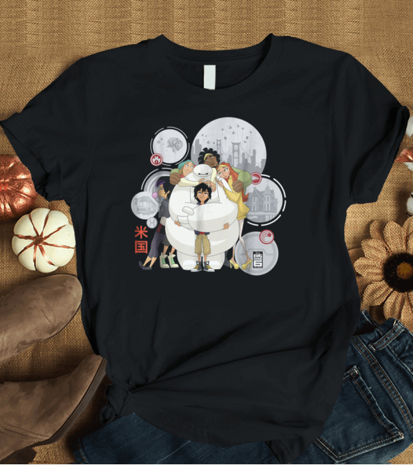 T-Shirt: Disney Big Hero 6 Baymax Hugs Team Characters San Fransokyo T-Shirt Disney Big Hero 6 Baymax Hugs Team Characters San Fransokyo T-Shirt