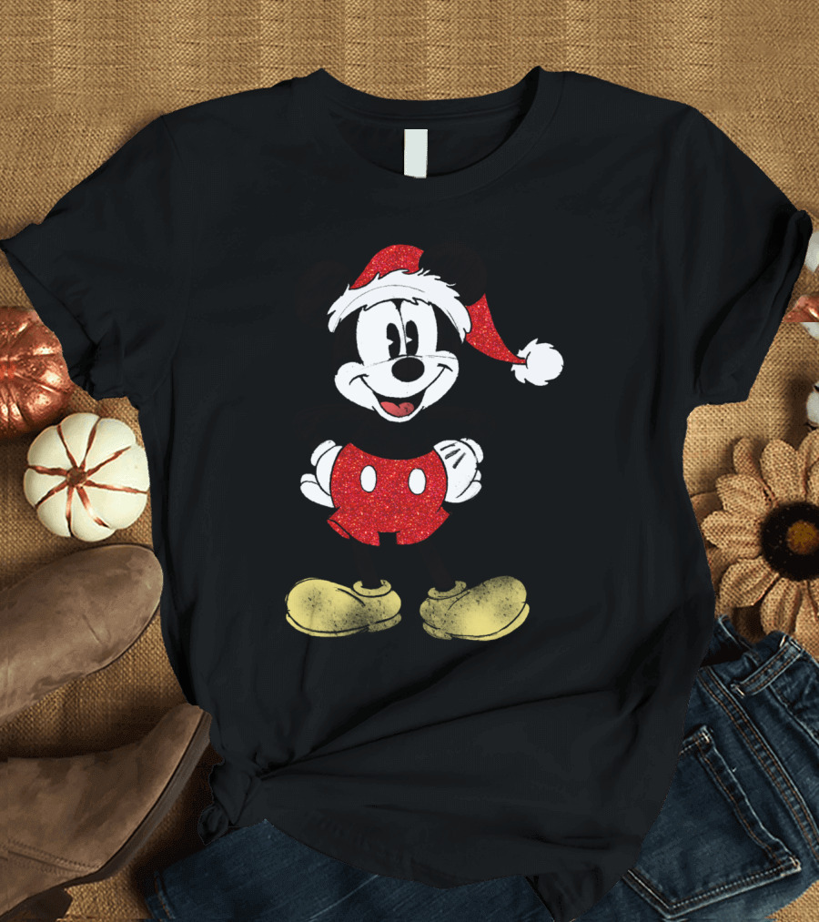 Disney Mickey Mouse Cheerful Christmas Santa Hat Red and Black T-Shirt