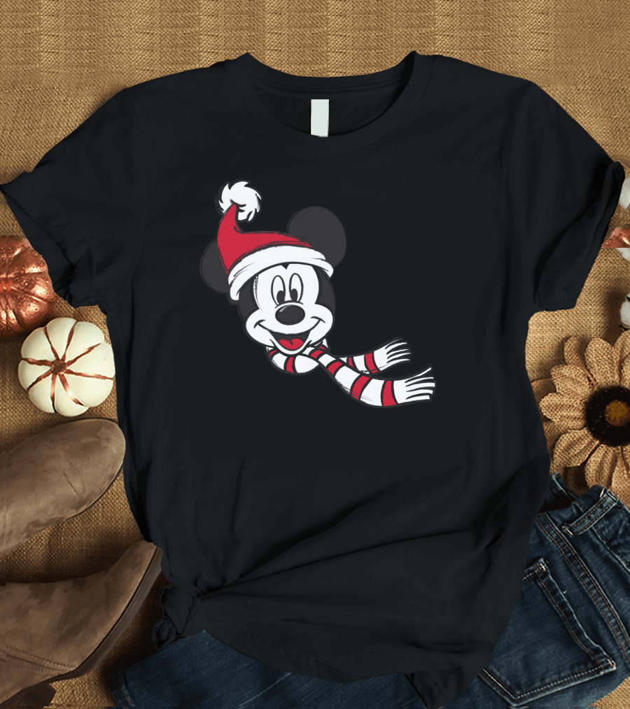 Mickey Mouse Christmas Santa Hat and Scarf Disney Holiday T-Shirt