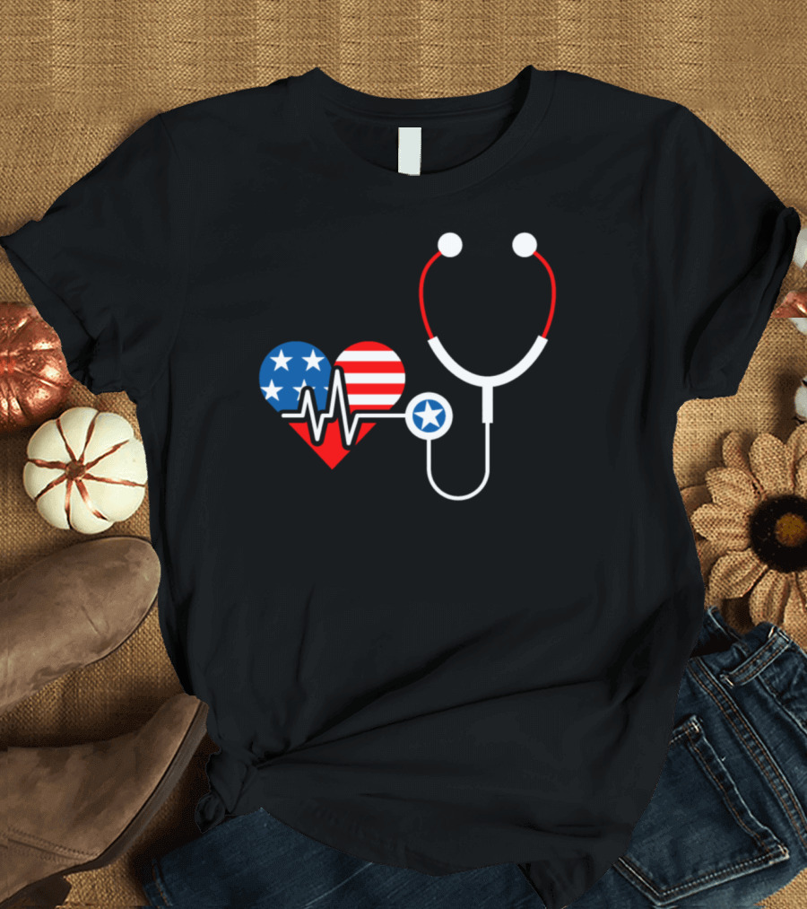 Nurse US Flag Heartbeat Stethoscope Heart T-Shirt