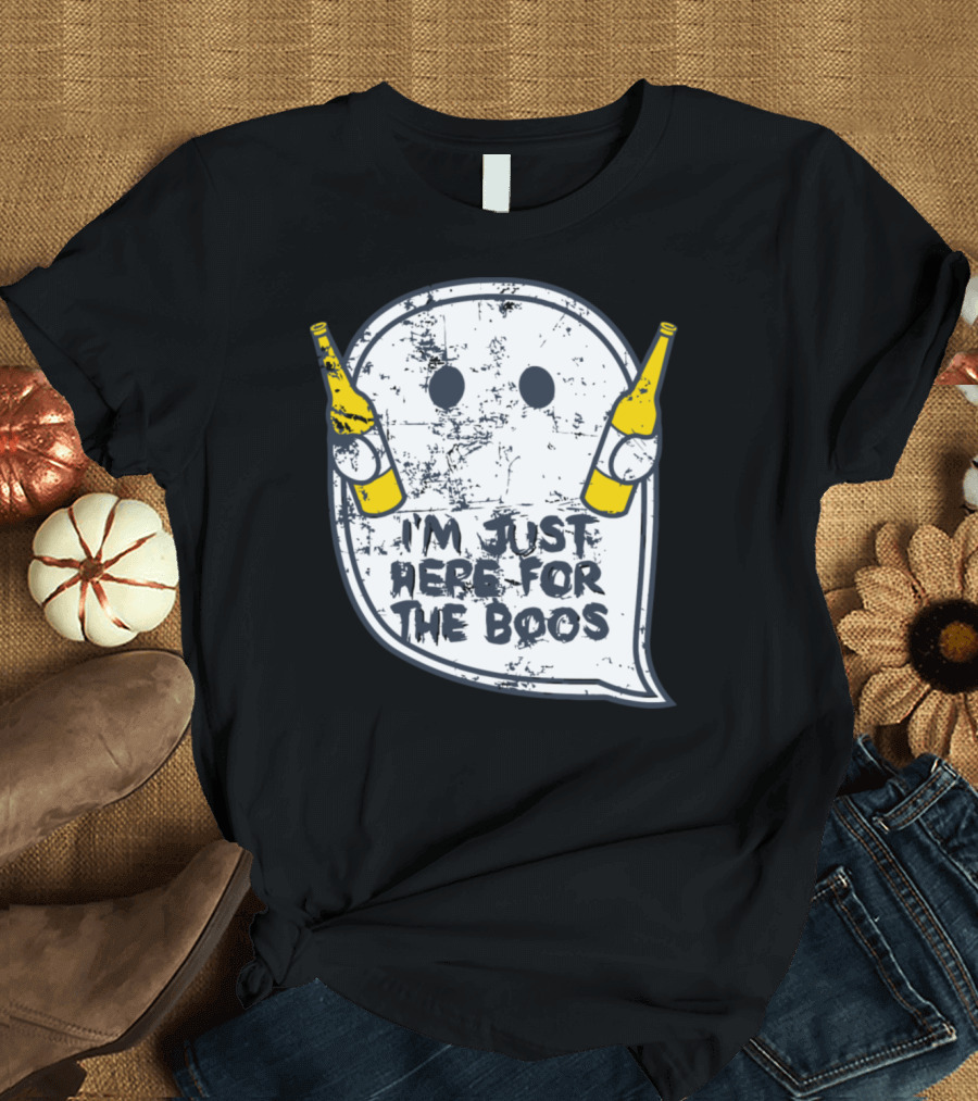 I'm Just Here For The Boos Ghost Holding Two Beer Bottles Halloween T-Shirt