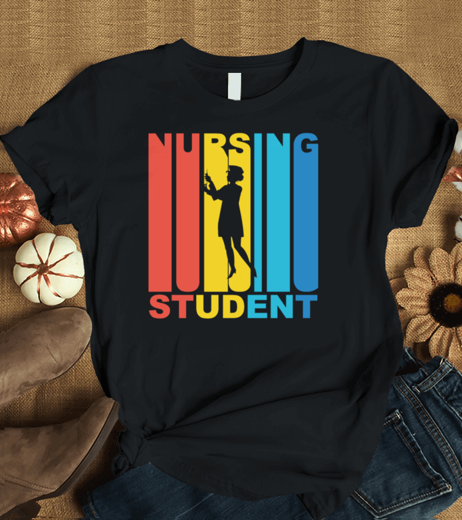 Vintage Nursing Student Silhouette Retro Color Bars T-Shirt