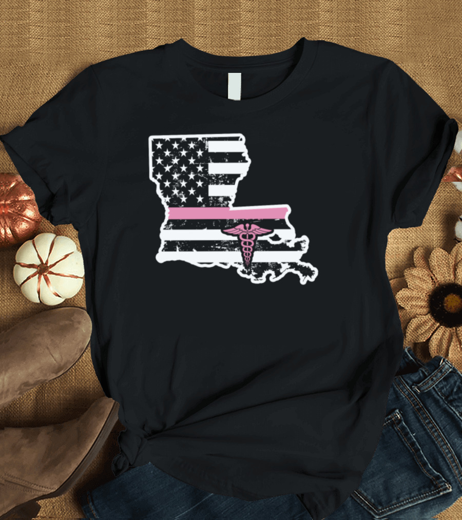 Louisiana Nurse American Flag Caduceus Black and Pink T-Shirt