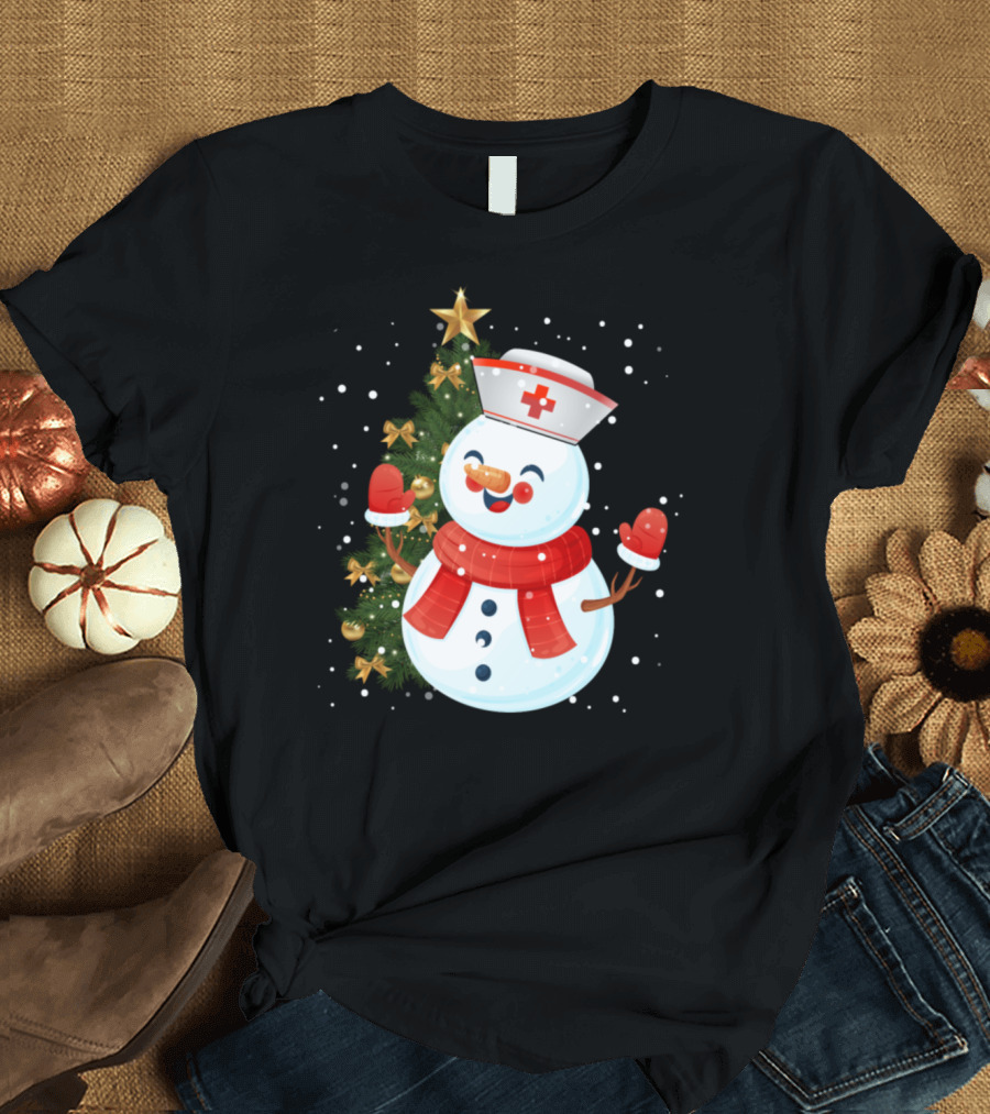 Cheerful Nurse Snowman with Christmas Tree and Snowflakes T-Shirt
