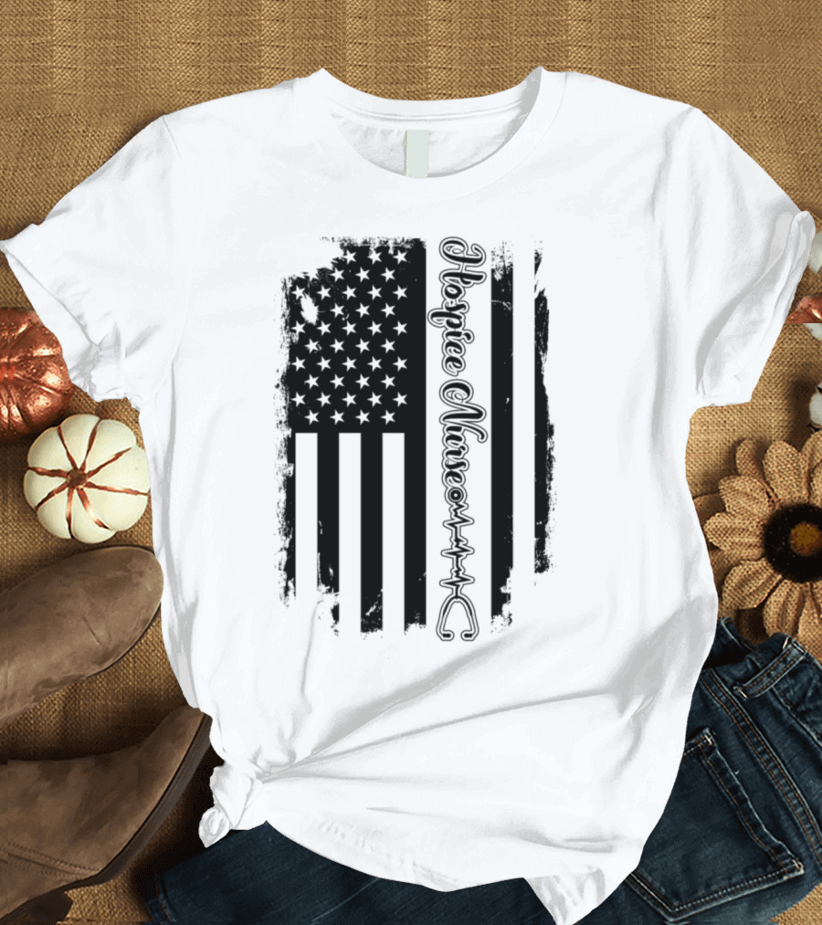 Hospice Nurse American Flag Vertical Design with Heartbeat T-Shirt