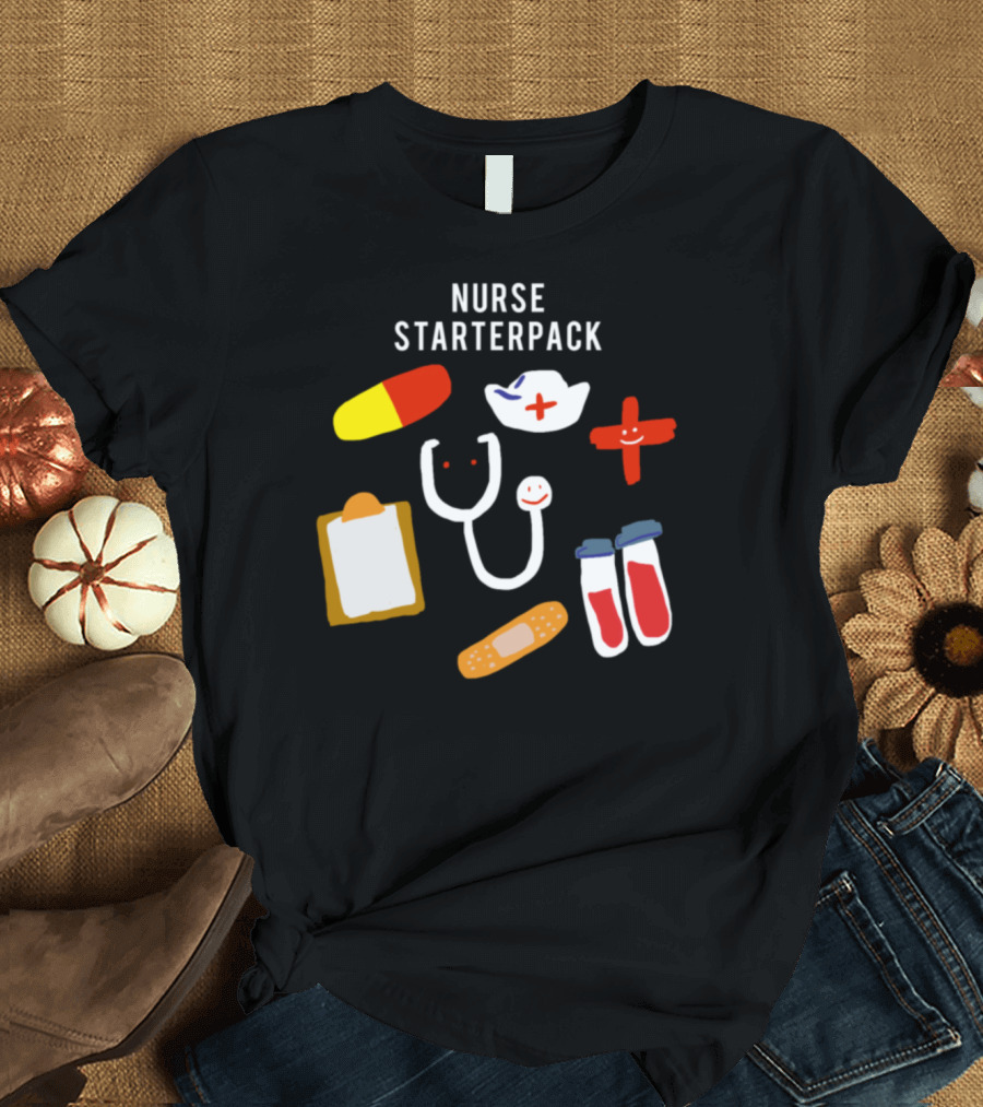 Nurse Starterpack Pill Stethoscope Nurse Hat Clipboard Bandage Blood Vials T-Shirt