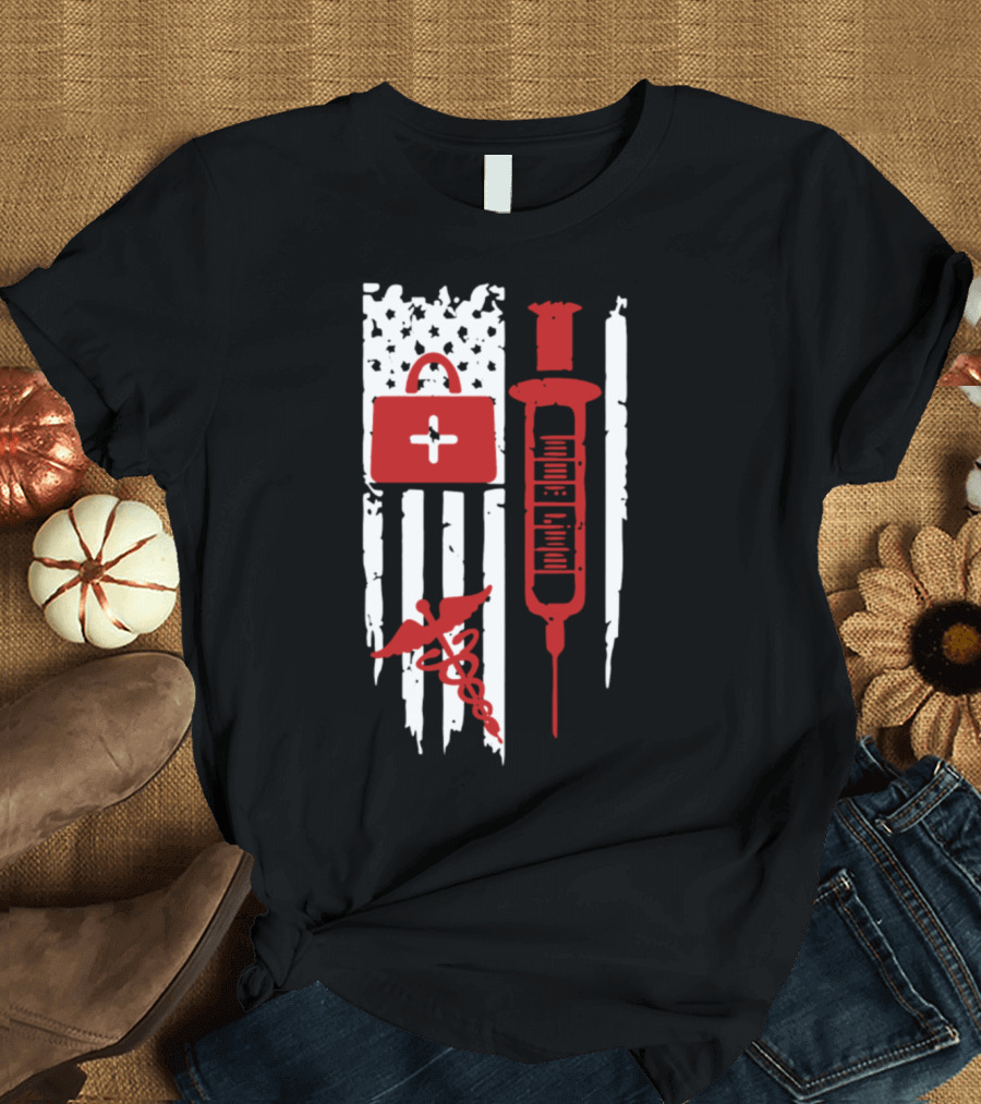 American Nurse Flag Medical Symbols Syringe Caduceus Bag T-Shirt