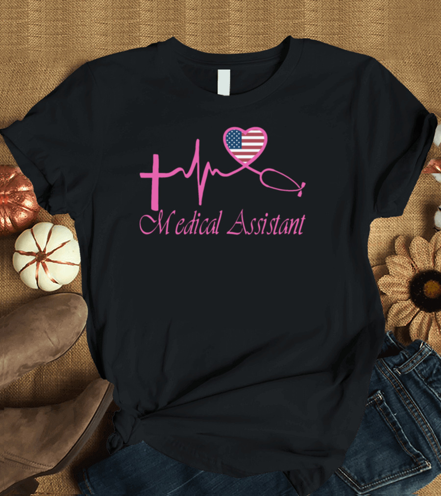 Heart American Flag Medical Assistant Stethoscope T-Shirt