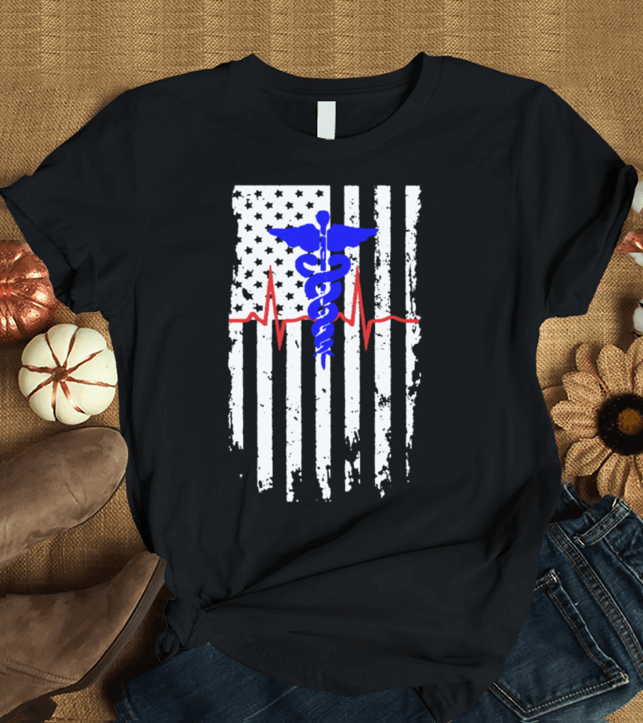 Nursing American Flag Caduceus EMT RN Nurse Pulse 4tp6z T-Shirt