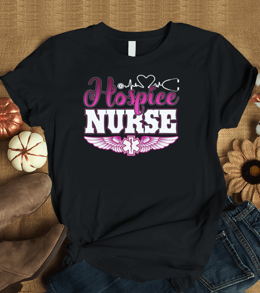 Hospice Nurse Heartbeat Wings with Medical Cross T-Shirt