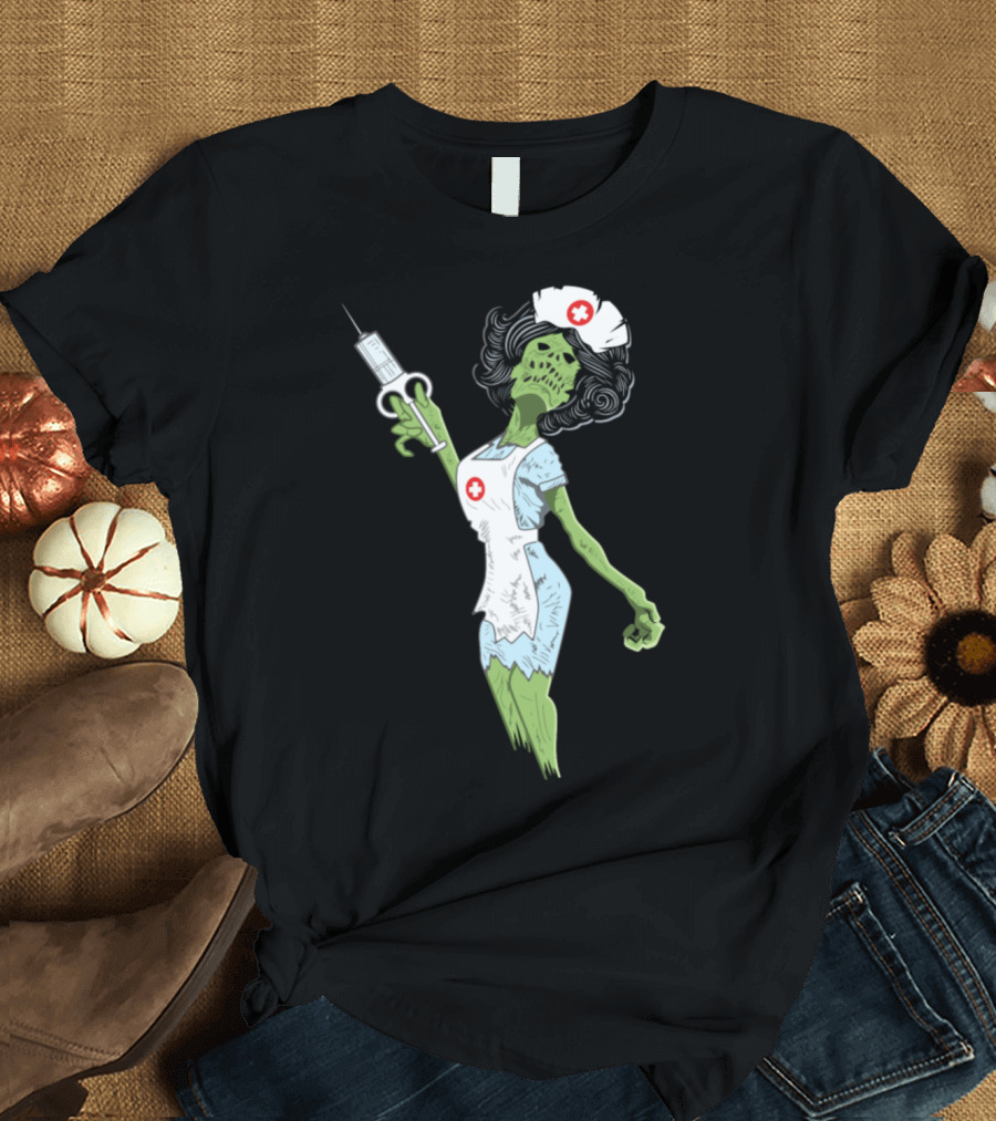 Nurse Halloween Zombie with Syringe and Nurse Hat T-Shirt