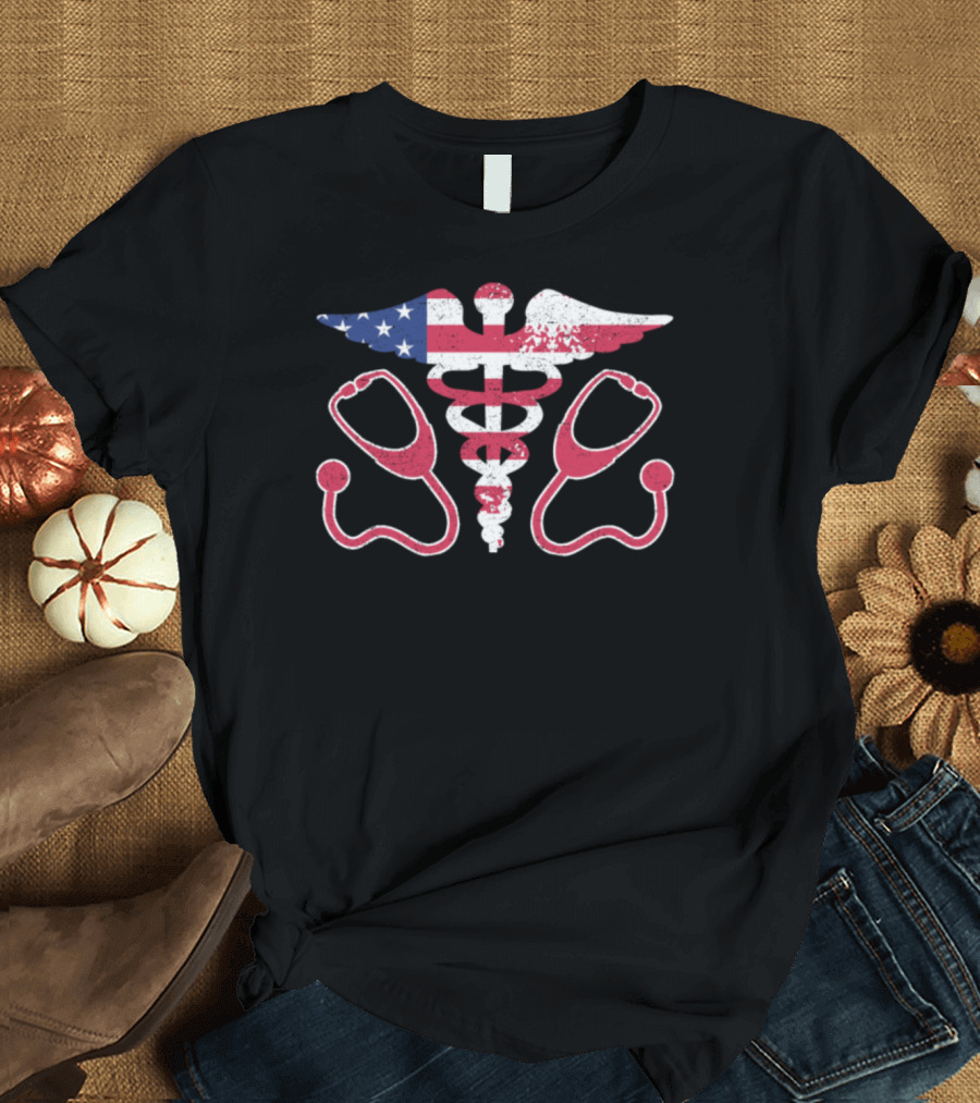 American Flag Caduceus with Stethoscope Symbol for Medical Professionals T-Shirt
