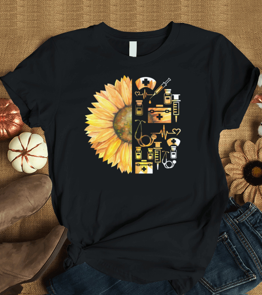 Nurse Sunflower Healthcare Symbols Stethoscope Syringe Vial EKG Badge T-Shirt