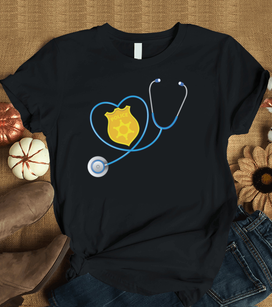 Nurse Wife Heart Stethoscope Police Officer Badge Cop Support T-Shirt