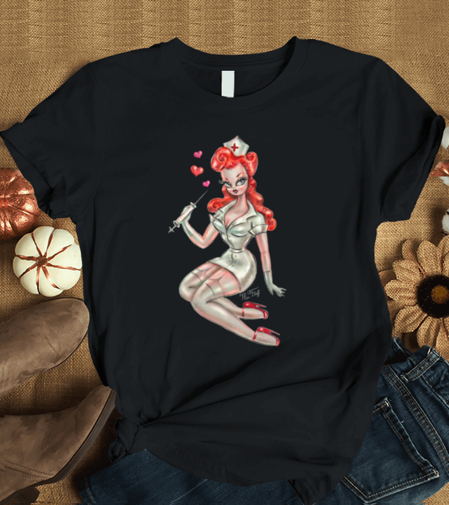 Redhead Pinup Nurse with Syringe and Hearts T-Shirt