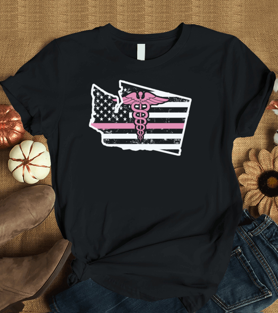 Washington Nurse Cna Rn Rna Caduceus American Flag Map T-Shirt