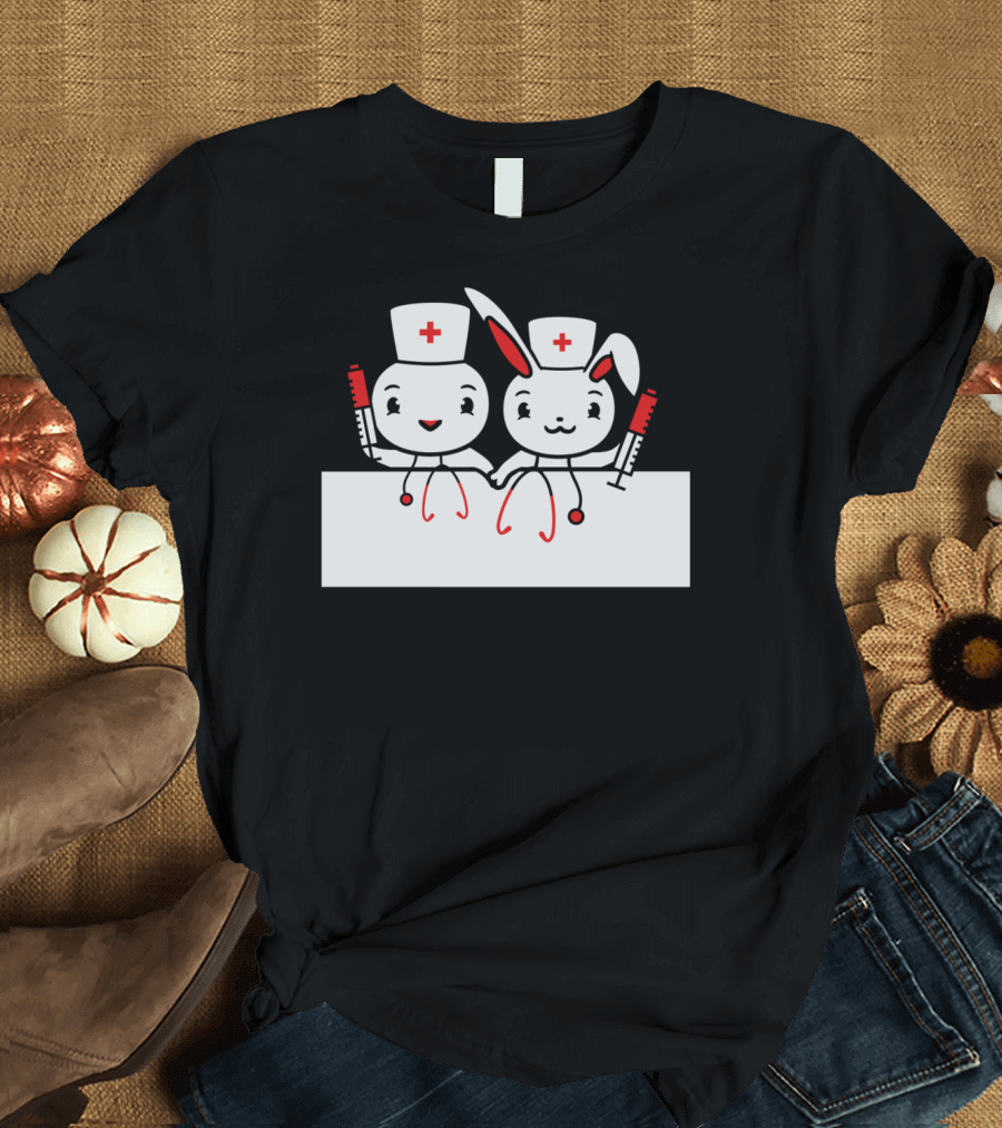Nurse Bird Chicken Chick Couple Team with Rabbit and Syringes T-Shirt