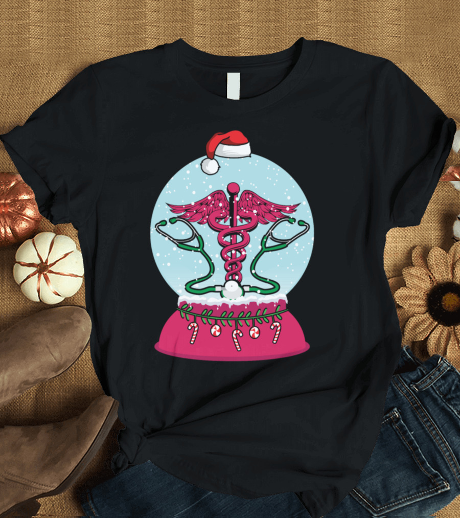 Christmas Snow Globe NICU Nurses Caduceus Santa Hat Candy Canes T-Shirt