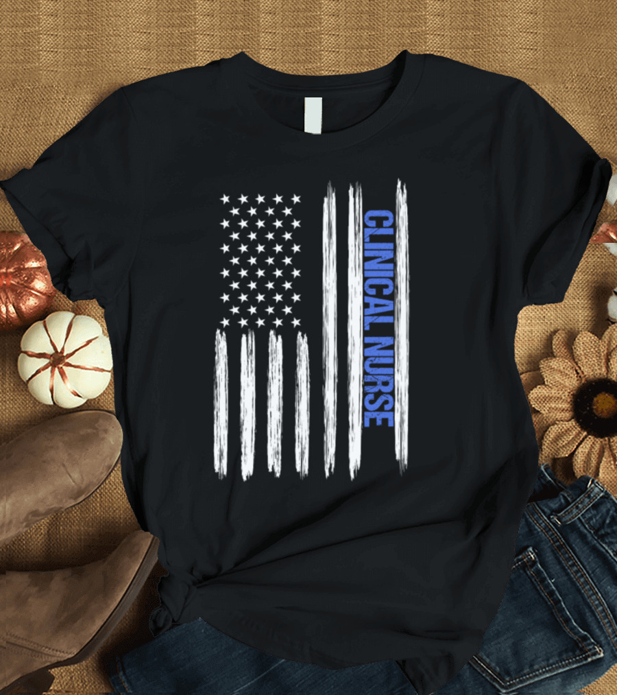 Clinical Nurse Distressed American Flag Blue Line T-Shirt