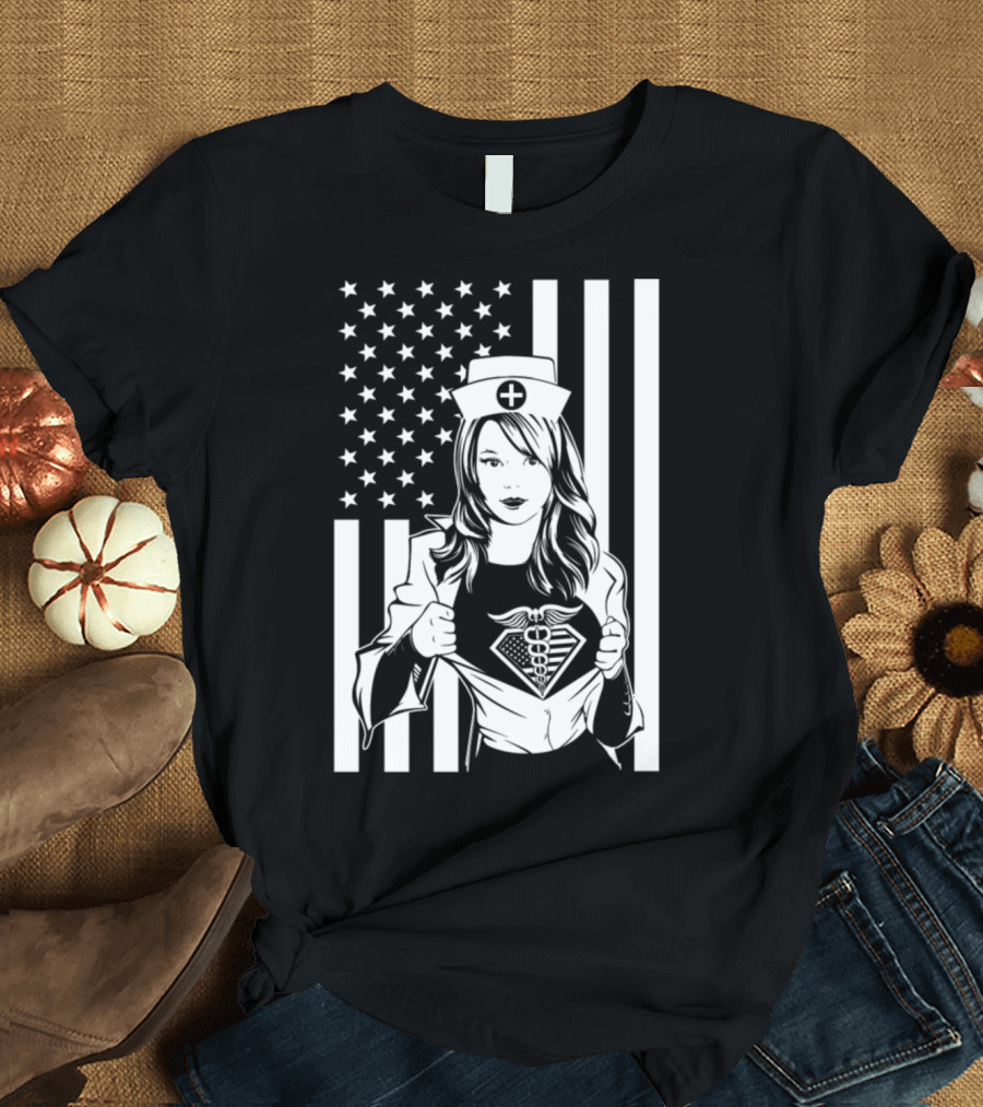 Super Nurse Beautiful American Flag Heroine T-Shirt