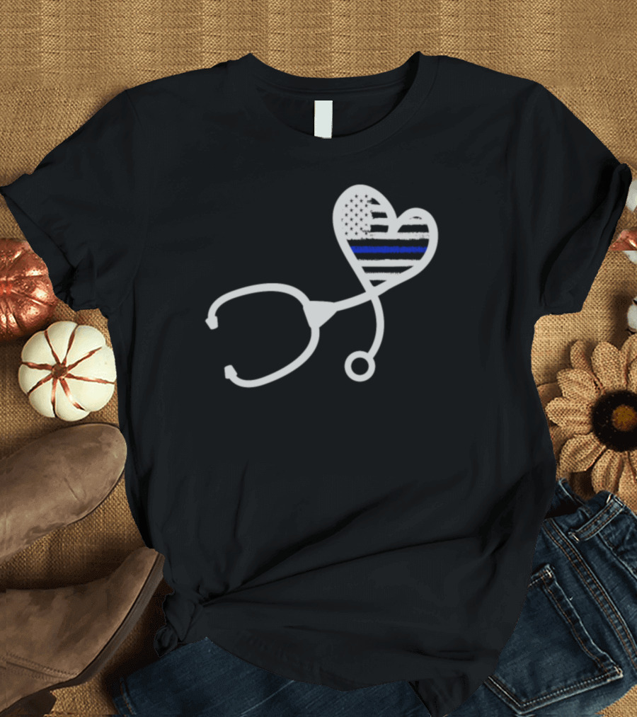 Police Officer Nurse Heart Stethoscope Thin Blue Line Flag T-Shirt