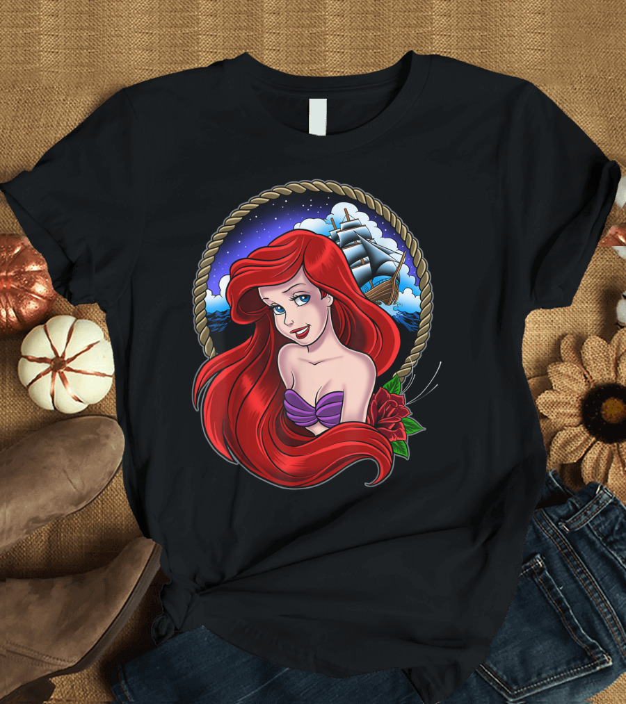 Disney Little Mermaid Ariel Nautical Tattoo with Ship and Rose T-Shirt