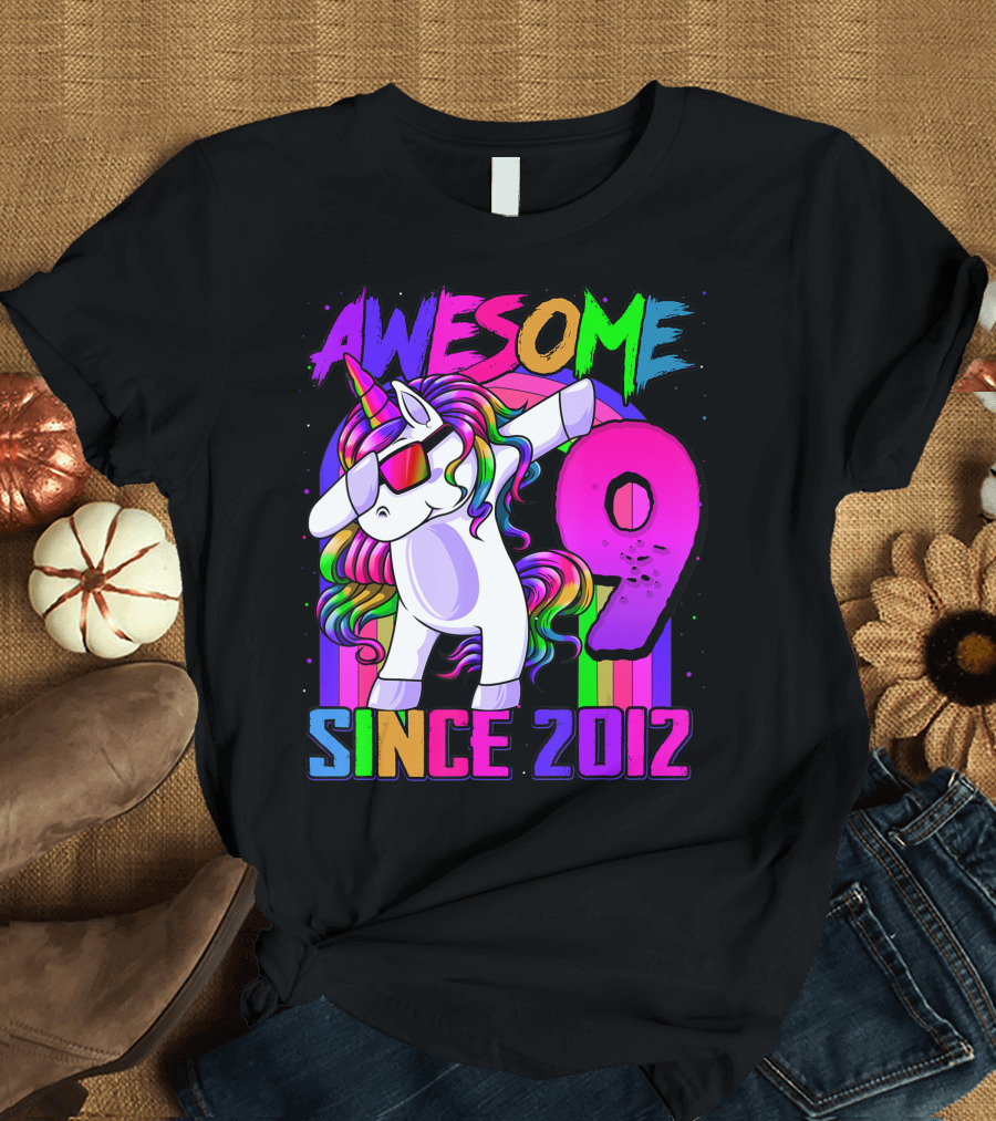 AWESOME 9 Year Old Unicorn Dabbing Since 2012 Birthday Party T-Shirt