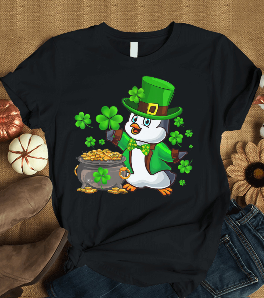 St Patricks Day Penguin with Shamrock and Pot of Gold T-Shirt