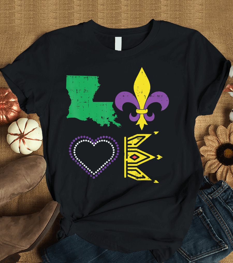 Love Heart Jester Crown Louisiana Map Fleur-de-Lis Mardi Gras New Orleans T-Shirt