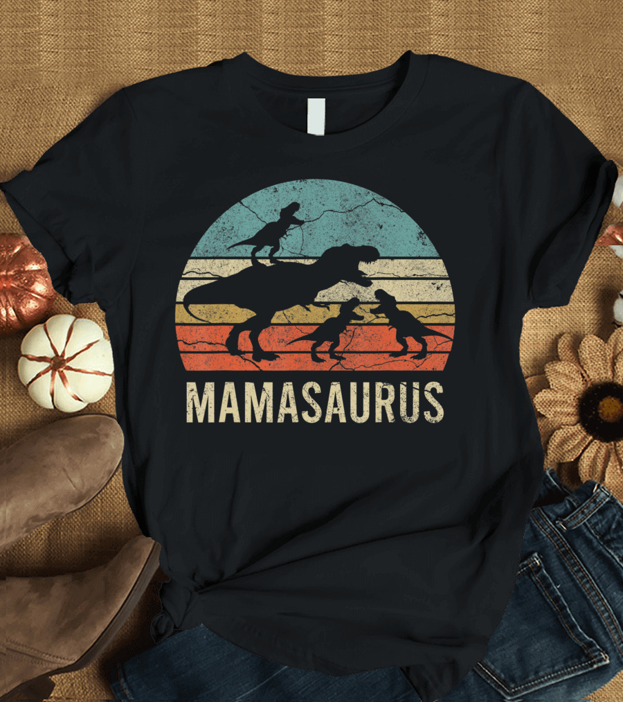 Mamasaurus Dinosaur Mommy Mom Mama Three Kids Retro Sunset T-Shirt