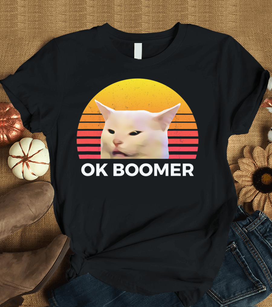 OK Boomer Cat Meme Woman Yelling Table Dinner Vintage Sunset T-Shirt