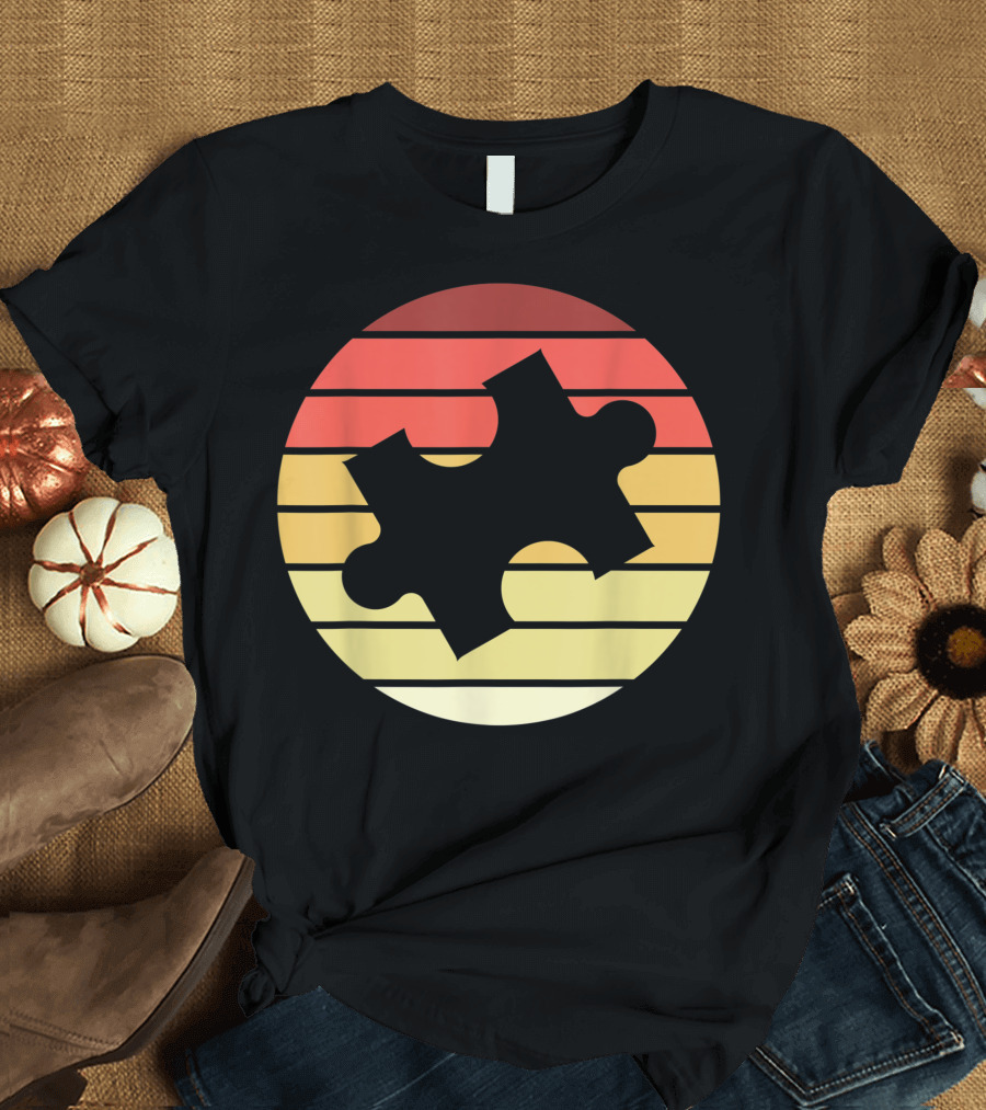 70s 80s Autism Awareness Puzzle Sunset Stripes T-Shirt
