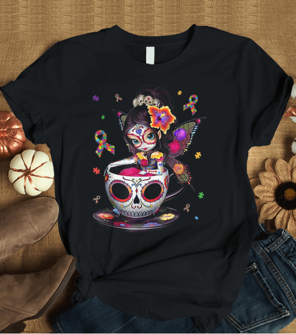T-Shirt: Autism Awareness Sugar Skull Fairy with Coffee Cup and Puzzle Ribbons T-Shirt Autism Awareness Sugar Skull Fairy with Coffee Cup and Puzzle Ribbons T-Shirt
