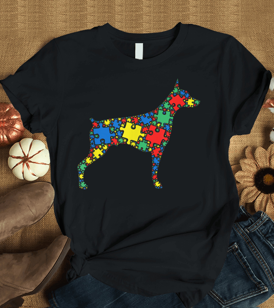 Doberman Dog Autism Awareness Puzzle Pattern for Women Men Kids T-Shirt