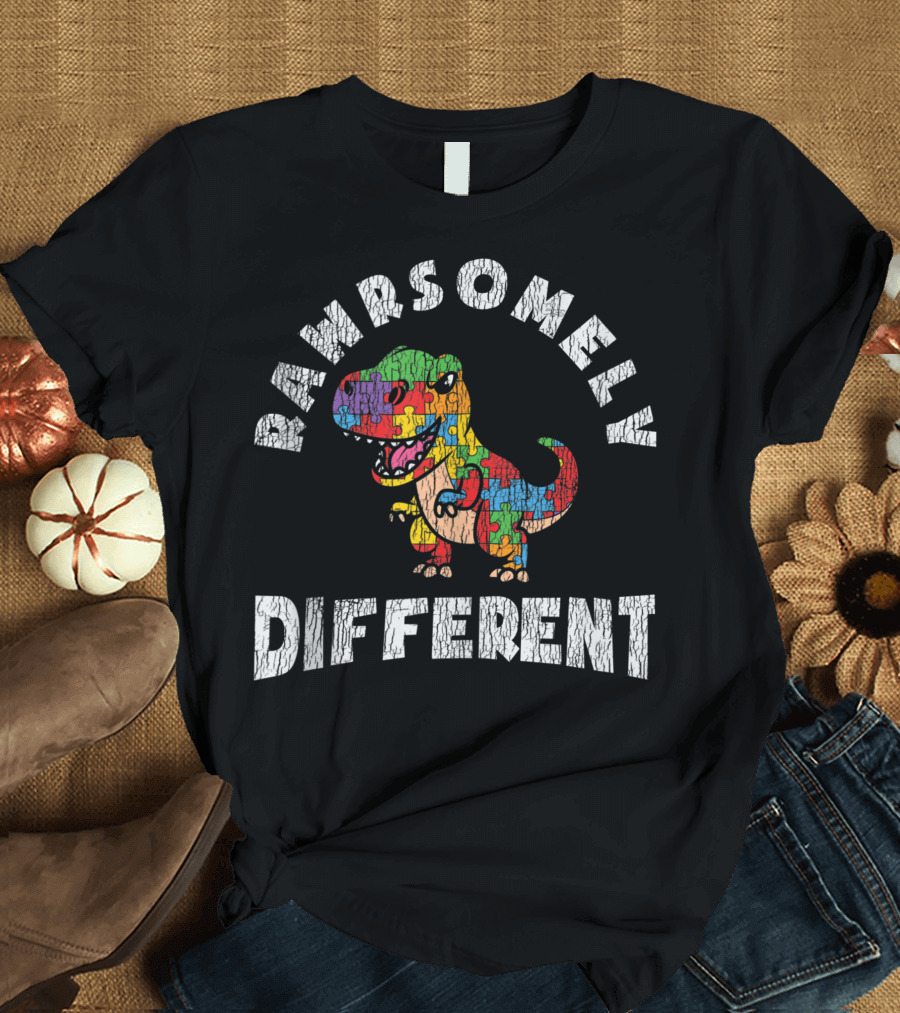 Rawrsomely Different Dinosaur Autistic Kid Autism Awareness Puzzle T-Rex T-Shirt