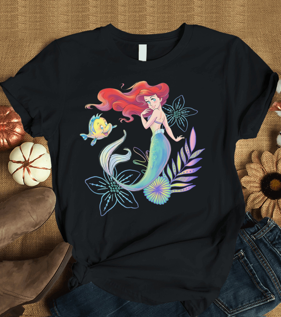 Disney The Little Mermaid Ariel And Flounder Sea Floral T-Shirt