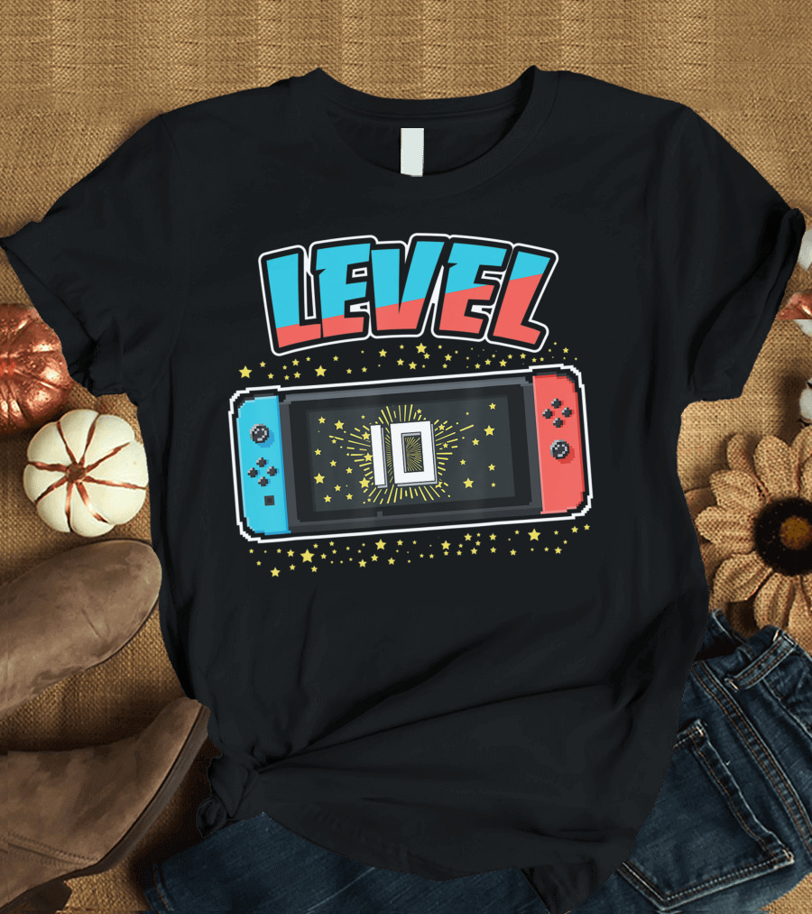 Level 10 Birthday Boy 10 Years Old Video Games with Stars and Game Console T-Shirt