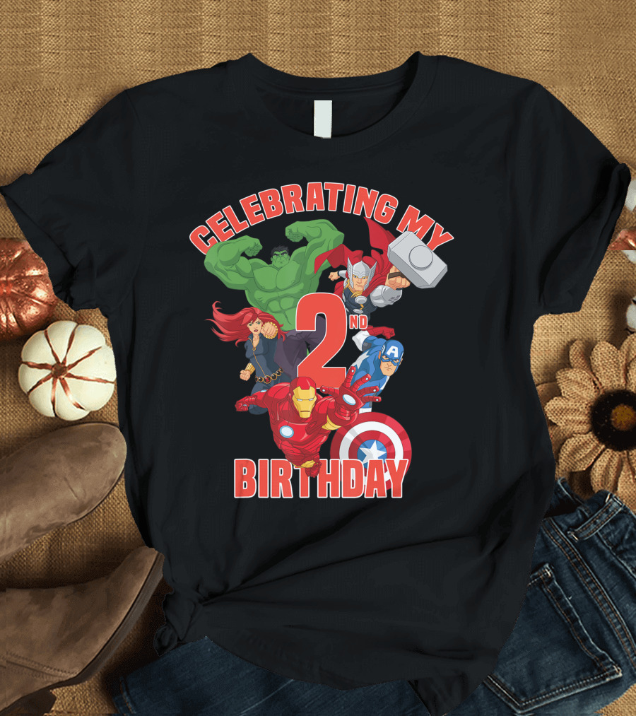 Celebrating My 2nd Birthday with Marvel Avengers Characters Iron Man Hulk Thor Captain America T-Shirt