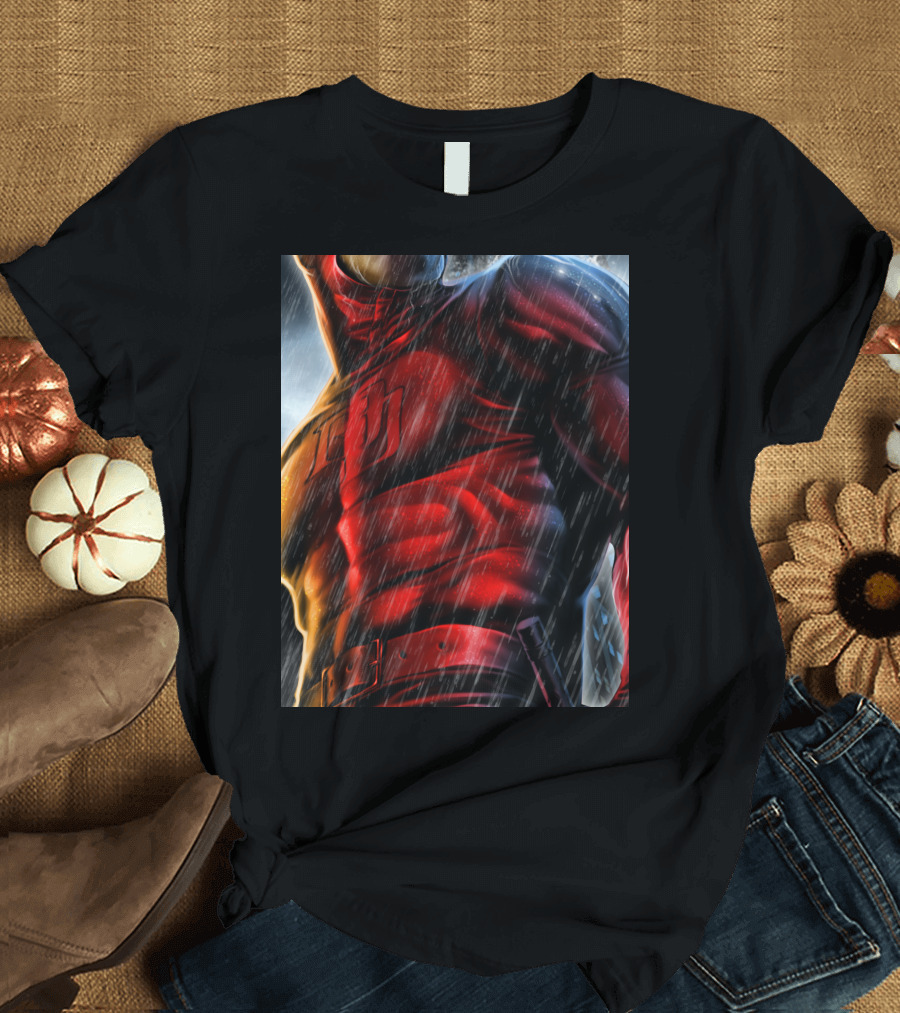 Marvel Daredevil Man Without Fear Epic Pose Red Costume in Rain T-Shirt