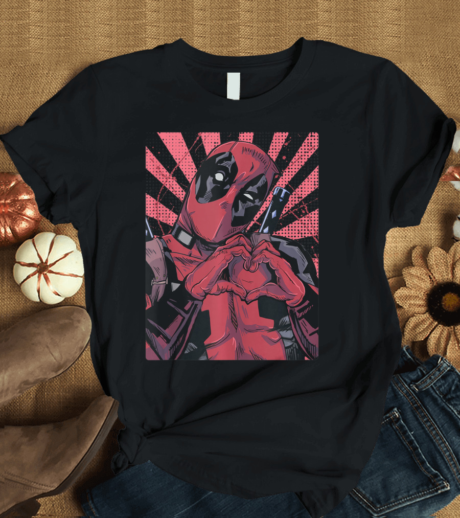 Marvel Deadpool Heart Hands Rising Sun T-Shirt