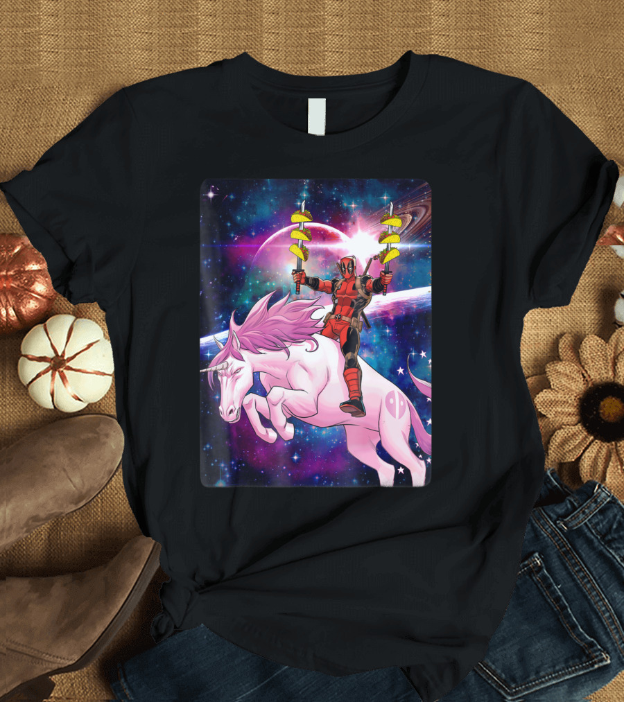 Marvel Deadpool Riding Space Unicorn Holding Tacos T-Shirt